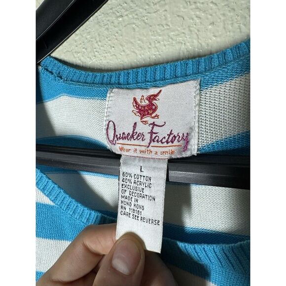 Quacker Factory Retro‎ Blue & White Stripe Cherry Sleeveless Sweater Size Large - Picture 2 of 5